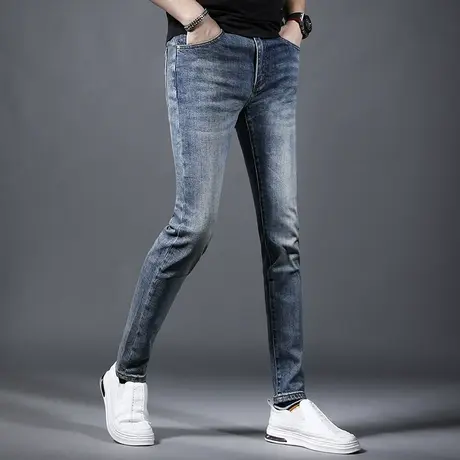 男裤春秋款牛仔裤男修身小脚蓝色2023新款弹力百搭男士牛仔裤长裤商品大图