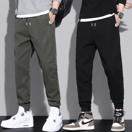 痞帅男裤子潮牌春季春秋款休闲裤男士束脚宽松紧军绿色2024年新款商品大图