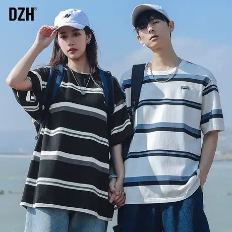 男士潮牌宽松条纹半袖t恤男ins潮流百搭夏季男装2024新款情侣短袖商品大图