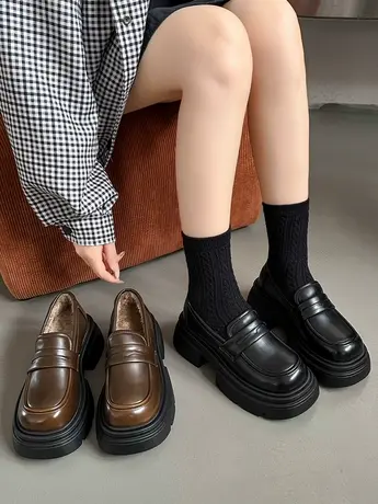 厚底粗跟英伦风小皮鞋女2023新款秋冬季一脚蹬加绒女鞋黑色乐福鞋商品大图