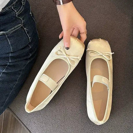 平底粉色芭蕾舞单鞋仙女鞋子2023年新款春季复古缎面银色玛丽珍鞋商品大图