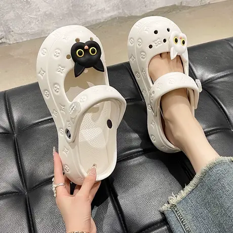 可爱猫咪玛丽珍洞洞鞋女夏季网红外穿包头厚底沙滩防滑两穿凉拖鞋商品大图