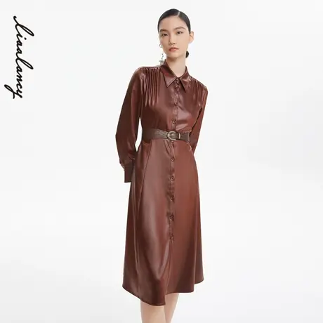 LANCY/朗姿法式高级感中长款衬衫领皮衣外套女设计感宽松收腰奥莱商品大图