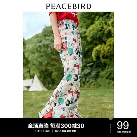 太平鸟高腰阔腿裤女年夏季新款个性满印压褶宽松显瘦休闲裤女图片