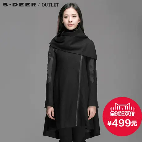 s.deer【新品】圣迪奥女装中性几何拼皮拼贴毛呢大衣S14481853图片
