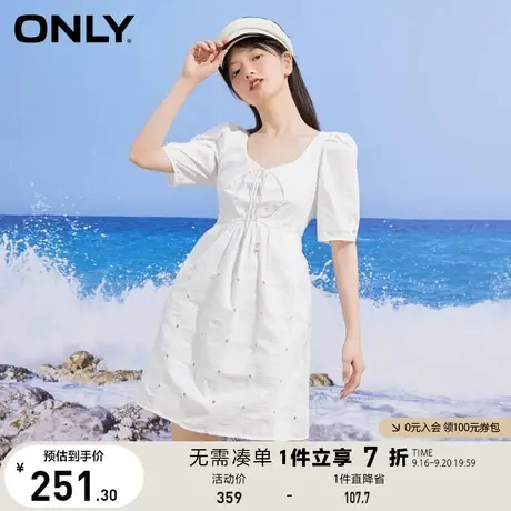 ONLY奥莱夏季珍珠纽扣显瘦泡泡袖短款A版连衣裙女图片