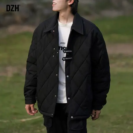 男士黑色菱格棉服男冬季新款夹棉外套男款袄夹克美式加厚棉衣棉袄商品大图