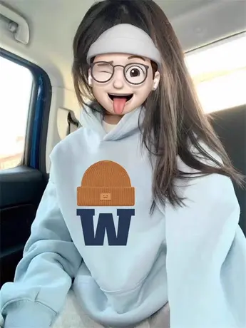 韩风大码连帽卫衣女2023新款显白蓝色冬季外套ins潮加绒卡通上衣图片