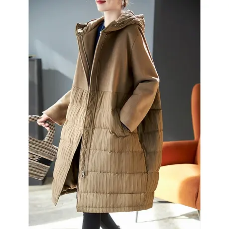 宝诗黎连帽羊毛呢子拼接90白鸭绒羽绒服女宽松中长款2023冬季外套图片