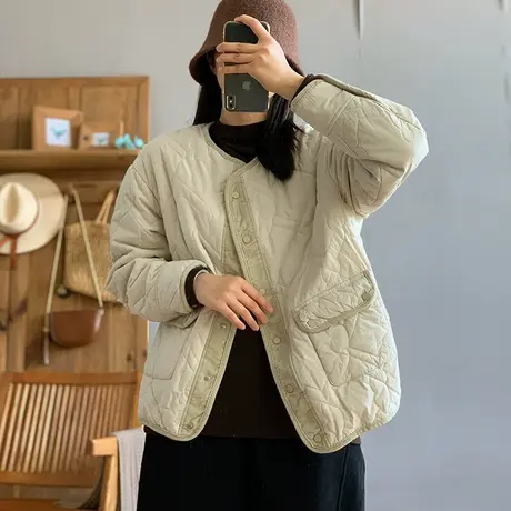 dza复古宽松V领大口袋棉衣外套女冬新款纯色休闲棉服拼接棉袄上衣图片