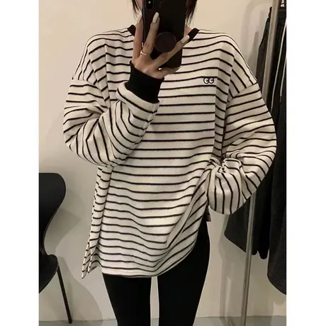 冬季德绒保暖打底衫女宽松韩版加绒加厚长袖T恤条纹中长款上衣潮图片