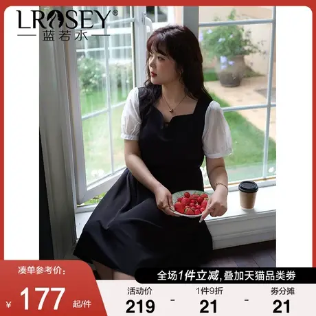 大码女装法式方领连衣裙女胖mm夏装气质收腰显瘦雪纺赫本小黑裙图片