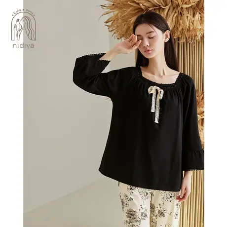 妮狄娅2024睡衣女春秋纯棉套头甜美喇叭袖优雅复古花卉家居服套装商品大图