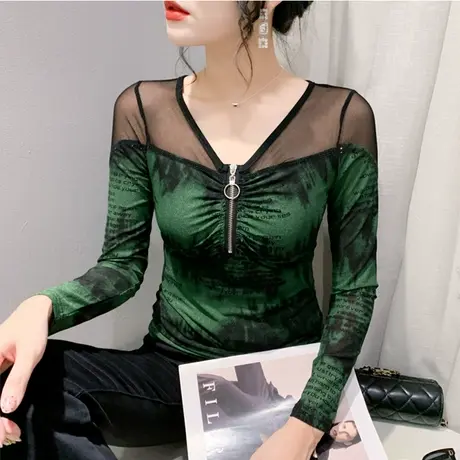 欧货性感网纱V领拉链打底衫长袖镂空镶钻洋气内塔上衣女修身T恤潮商品大图