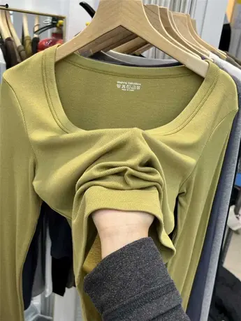 白色t恤女长袖春秋新款内搭西装大圆领体恤螺纹正肩打底衫上衣薄图片