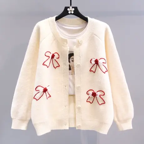 日系甜美刺绣蝴蝶结毛衣外套女冬季2024新款宽松学院风针织开衫商品大图