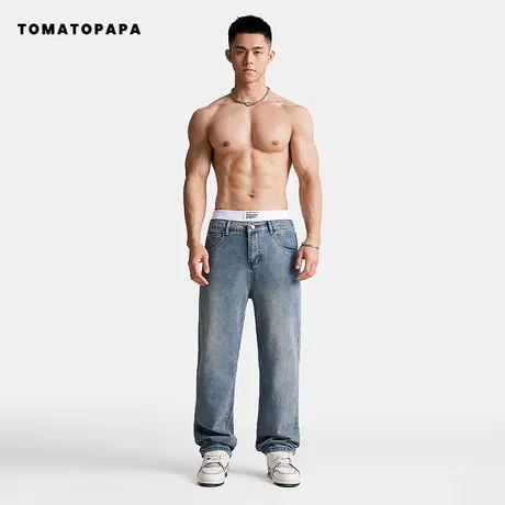 TOMATOPAPA复古牛仔裤男直筒宽松潮牌阔腿高街美式休闲百搭长裤男图片