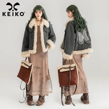 KEIKO 仿狐狸毛拼接牛仔外套女2024早春重工蝴蝶刺绣饰夹棉夹克商品大图