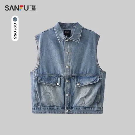 三福2024春季男士复古双袋马甲 潮流宽松翻领无袖上衣男482528商品大图