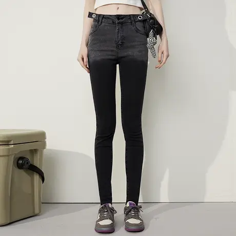 a022024春秋新款撞色拼接街头风小脚裤个性百搭女式牛仔裤图片