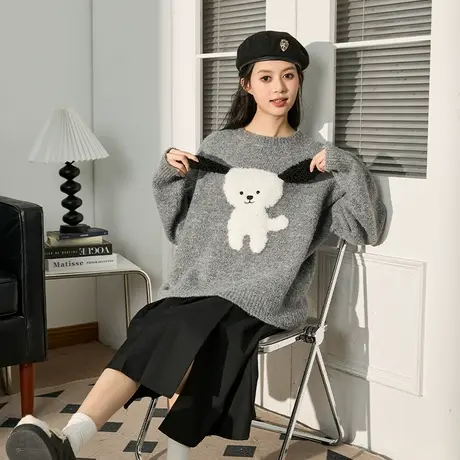 唐狮2024春秋新款女毛线衫可爱小狗立体耳朵毛衣潮流时尚特殊百搭图片