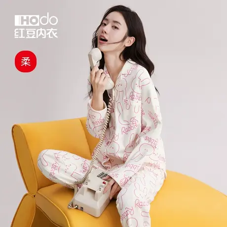 红豆女士睡衣A类纯棉春夏长袖可外穿卫衣套头抗菌家居空调服套装商品大图