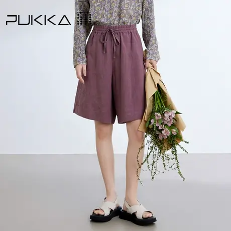蒲PUKKA 2024夏季新品全腰橡筋简洁直筒亚麻五分短裤图片