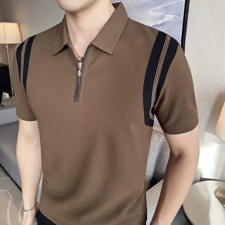 高弹冰丝泡泡面料撞色半拉链polo衫男短袖夏季薄款翻领T恤半袖潮图片