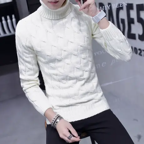 冬季高领毛衣男韩版潮流加厚修身个性白色线衣2023新款打底针织衫商品大图