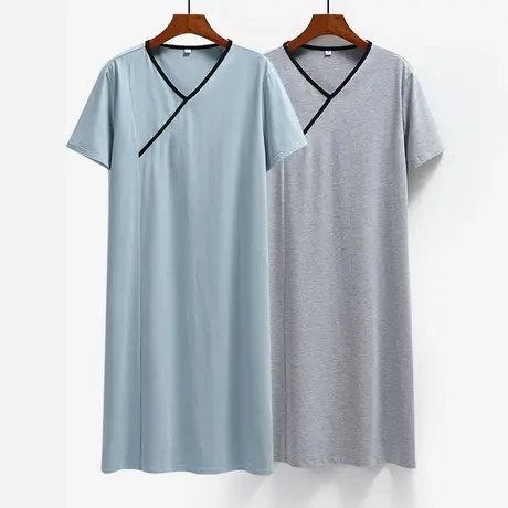 男士旗袍睡衣夏季棉短袖Y领连衣裙薄款古风汉服连体睡裙家居服商品大图