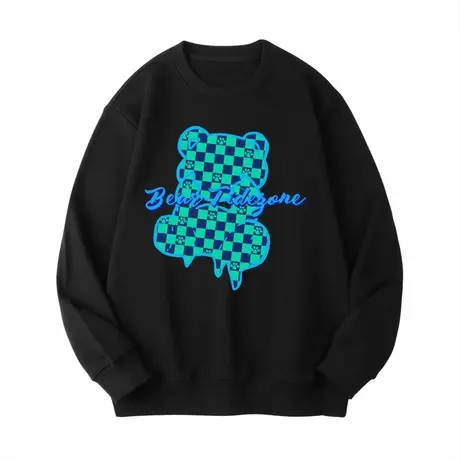 Ohlyah绿色方块小熊卡通美式复古印花套头圆领卫衣男女高街上衣商品大图