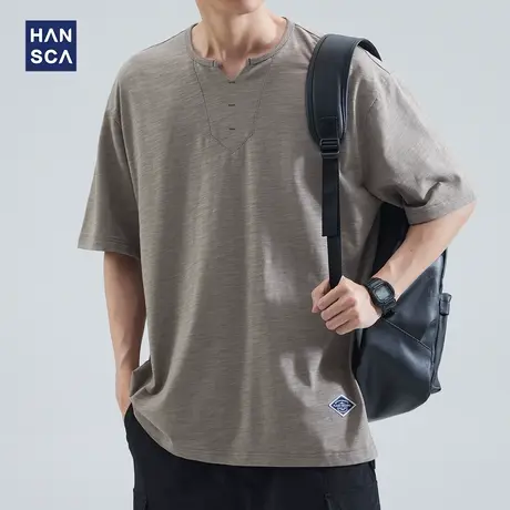 hansca短袖POLO衫男夏季重磅竹节棉宽松潮流设计感大码亨利领上衣商品大图