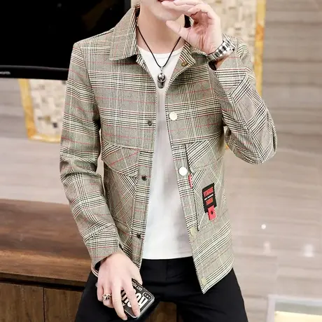男士外套春秋季帅气搭配工装上衣服2023新款男装韩版格子休闲夹克商品大图