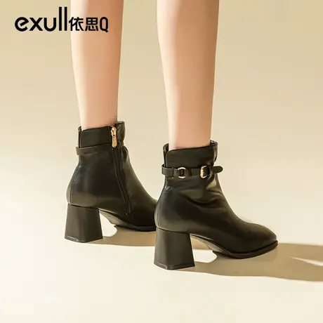 依思q靴子女中筒靴女2023冬新款加绒高跟短靴小个子粗跟高跟鞋女商品大图