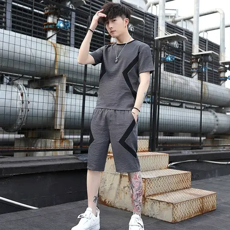 夏季男装套装冰丝潮流休闲运动短裤一套搭配帅气修身男士短袖t恤商品大图