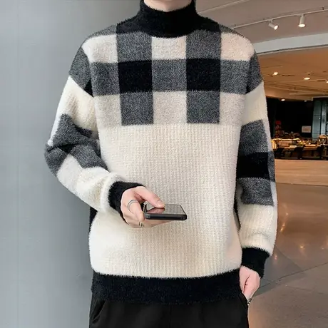 冬季新款毛衣男士水貂绒半高领加绒加厚针织打底衫保暖潮上衣服男商品大图