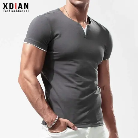 假两件V领紧身T恤男短袖纯棉纯色体恤男士夏季修身弹力透气打底衫商品大图