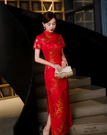 礼仪服装女迎宾小姐旗袍颁奖大红红色接待长款外嫁女回娘家旗袍装图片