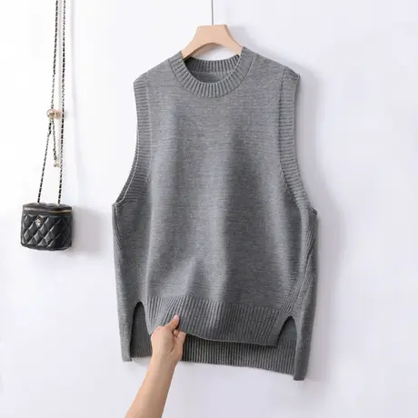 圆领套头针织无袖马甲背心女2023秋冬新款侧面开叉宽松大码中长款商品大图