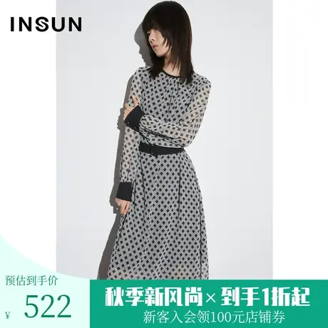 恩裳COVER2023春款新款清透雪纺几何定位印花碎褶经典黑白连衣裙图片