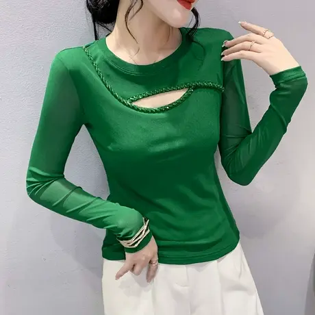 时尚钉珠长袖T恤女欧货性感镂空洋气别致上衣修身显瘦网纱打底衫商品大图