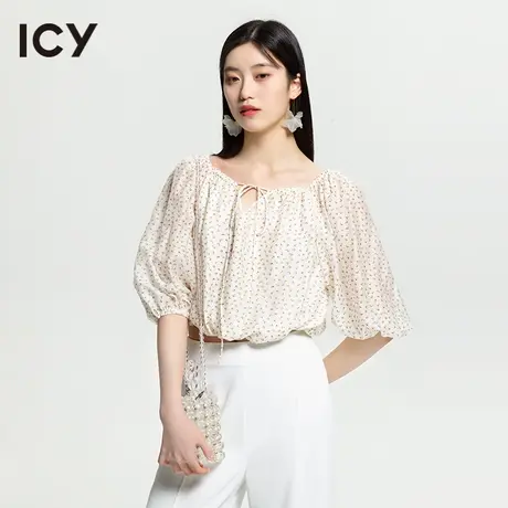 icy2023夏季新款复古甜美宽松绑带镂空露腰短上衣碎花泡泡袖小衫图片
