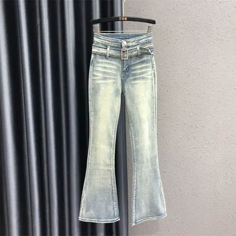 2023秋季新款浅蓝色设计感褶皱水洗牛仔裤女时尚美式辣妹微喇裤子商品大图