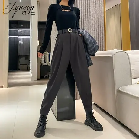 高腰哈伦裤女加绒加厚秋冬新款百搭休闲九分烟管小脚西装萝卜裤子商品大图