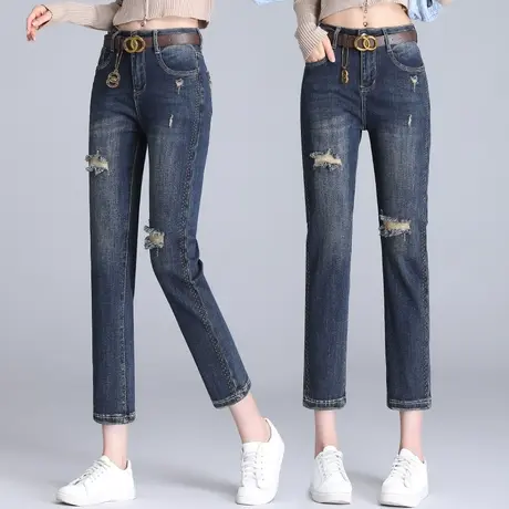 牛仔直筒裤女秋季2023年时尚破洞八分烟管裤大码减龄修身萝卜裤潮商品大图