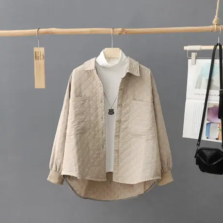 韩范格子加棉衬衫女2023年秋冬新款宽松长袖外套衬衣加厚上衣女装商品大图