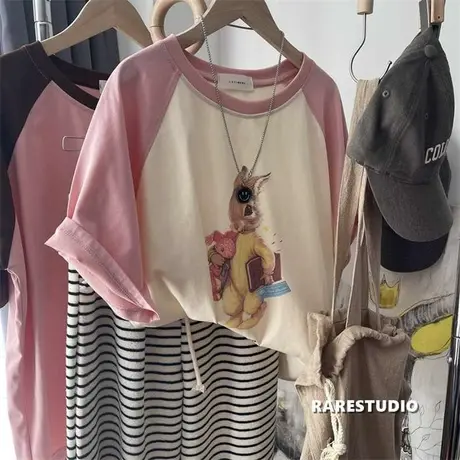 彼得兔可爱休闲插肩袖减龄宽松洋气百搭韩系短袖棉T恤女春夏新款图片