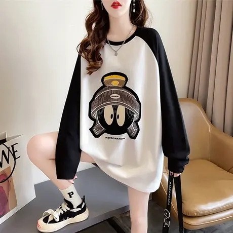 德绒外穿长袖t恤女秋冬韩版宽松大码加绒加厚中长款上衣服打底衫商品大图