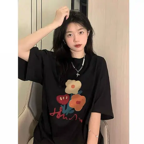 纯棉设计感花朵印花短袖t恤女2023夏季潮牌宽松半袖oversize上衣商品大图