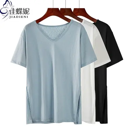 夏季新款韩版圆领宽松纯白中长款纯色休闲短袖体恤上衣大码开叉女商品大图